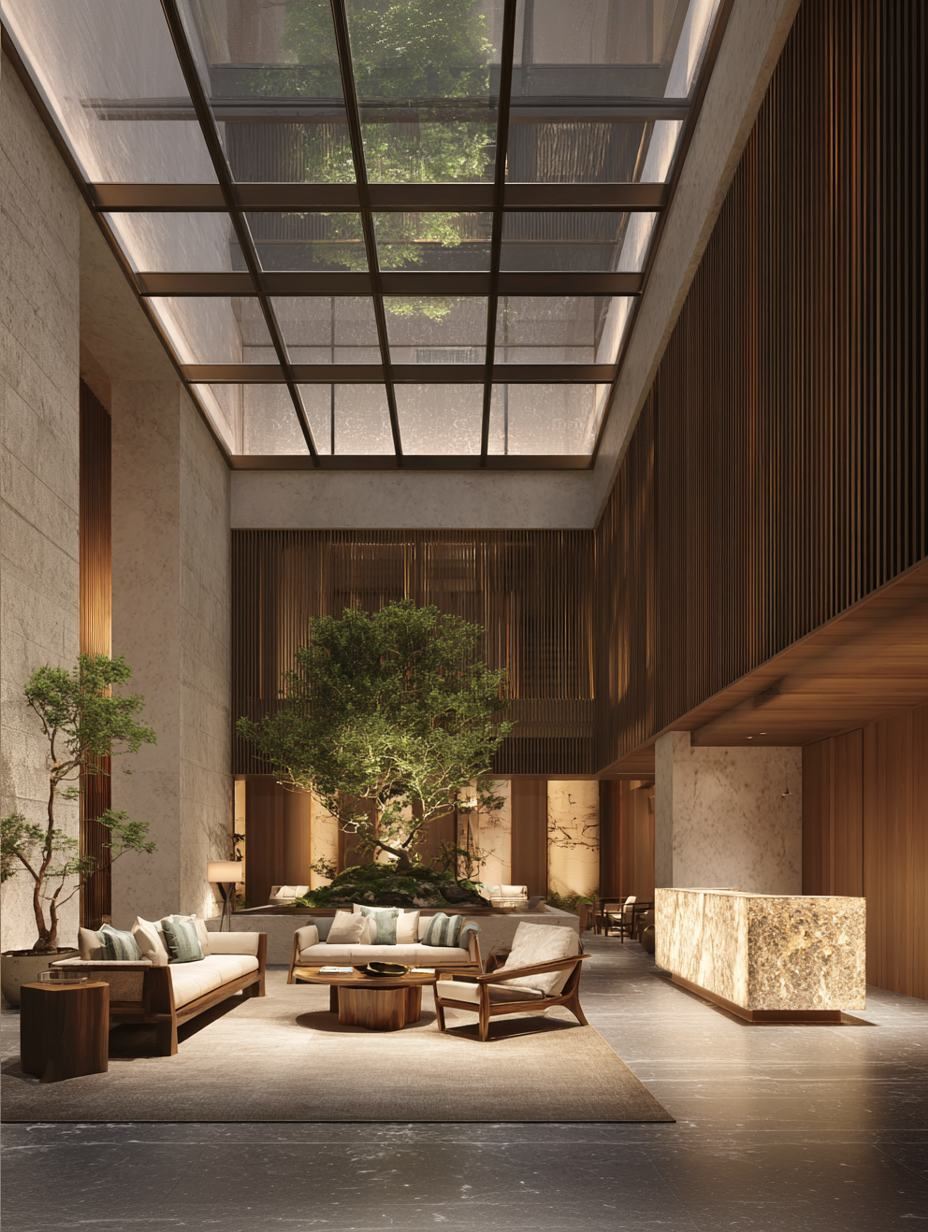 Double-height lobby with skylight, stone reception desk and olive tree