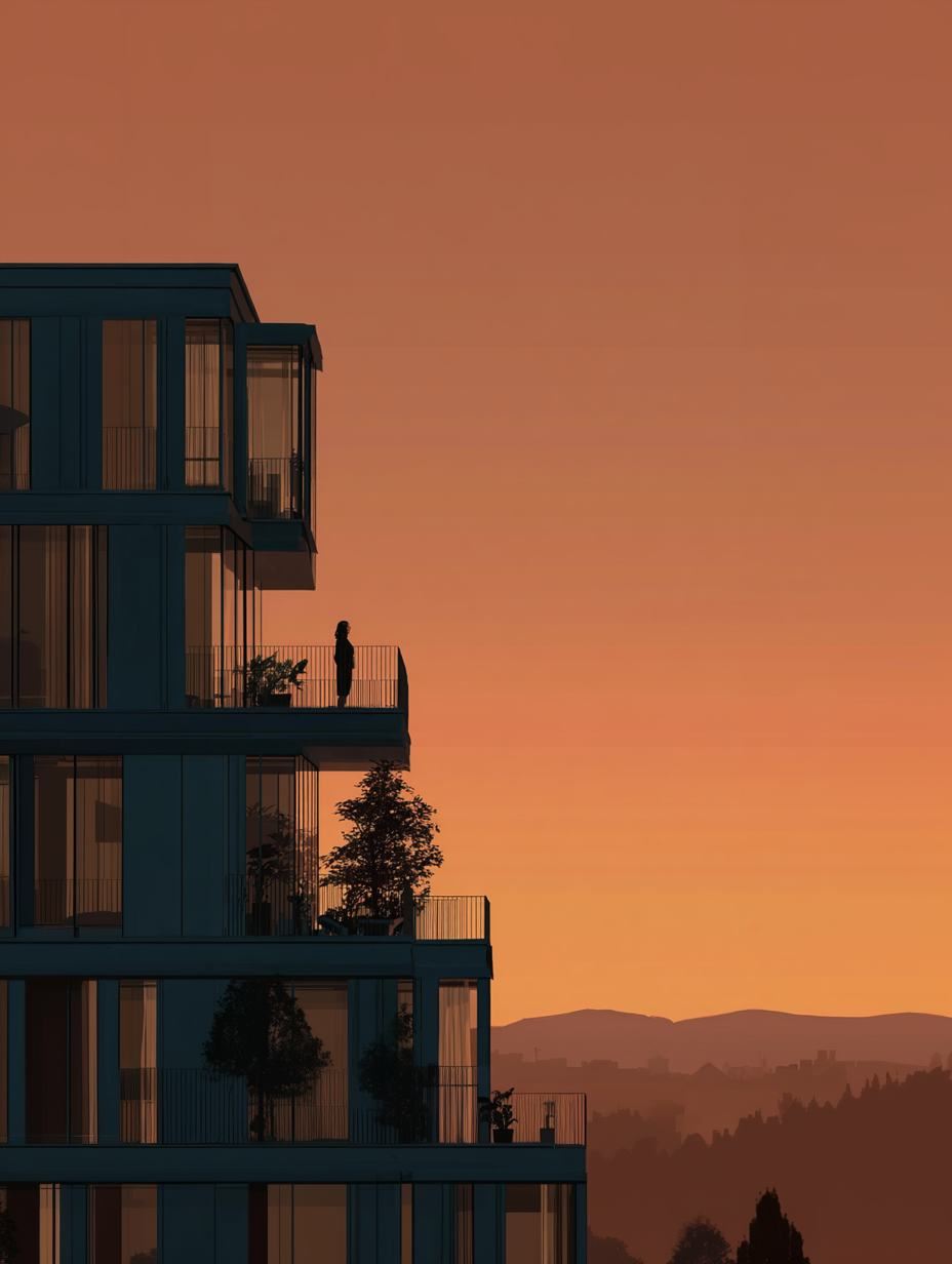 Figure on a tower balcony against an amber dusk sky