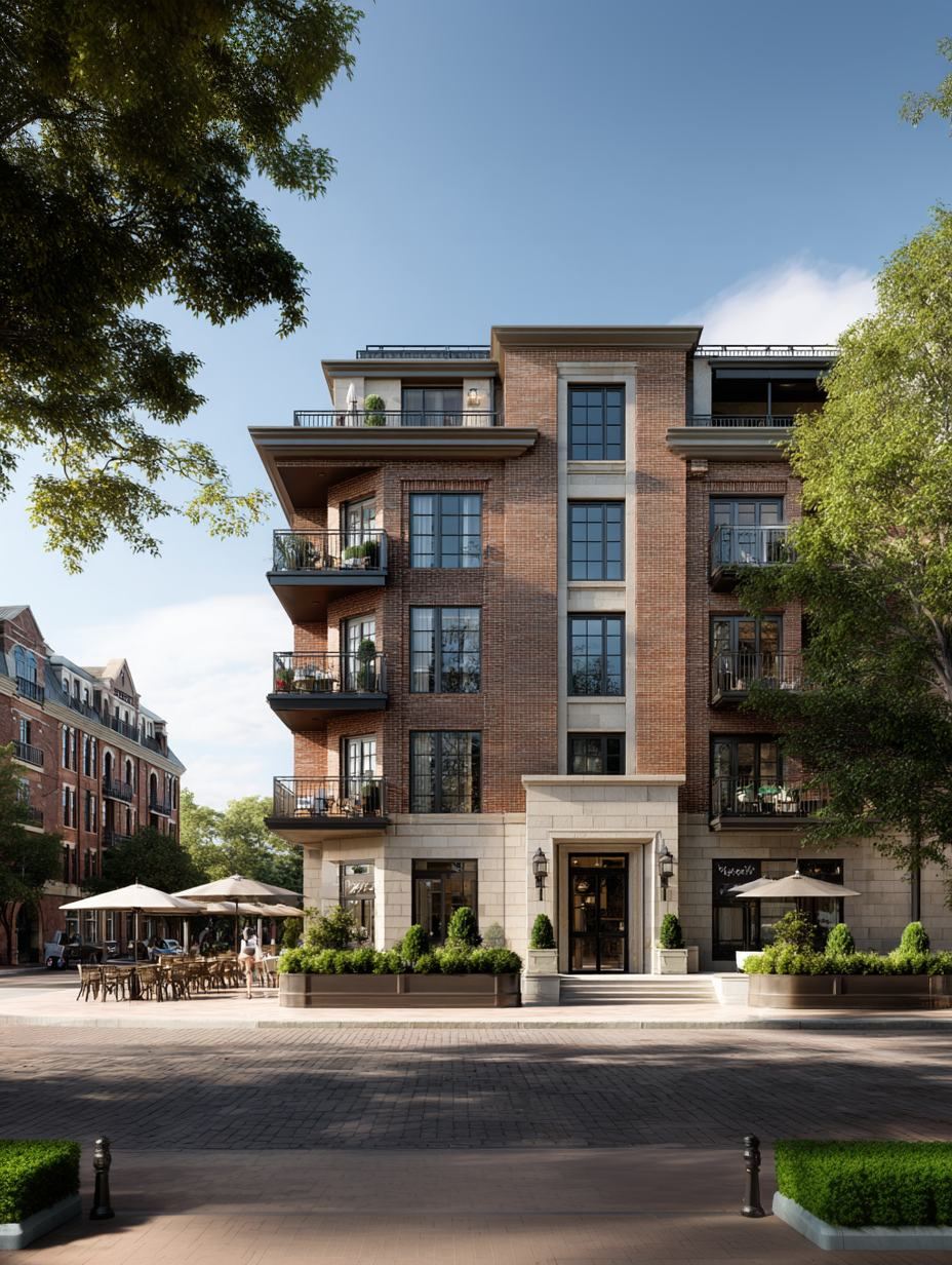 Brick and stone mid-rise with a café terrace