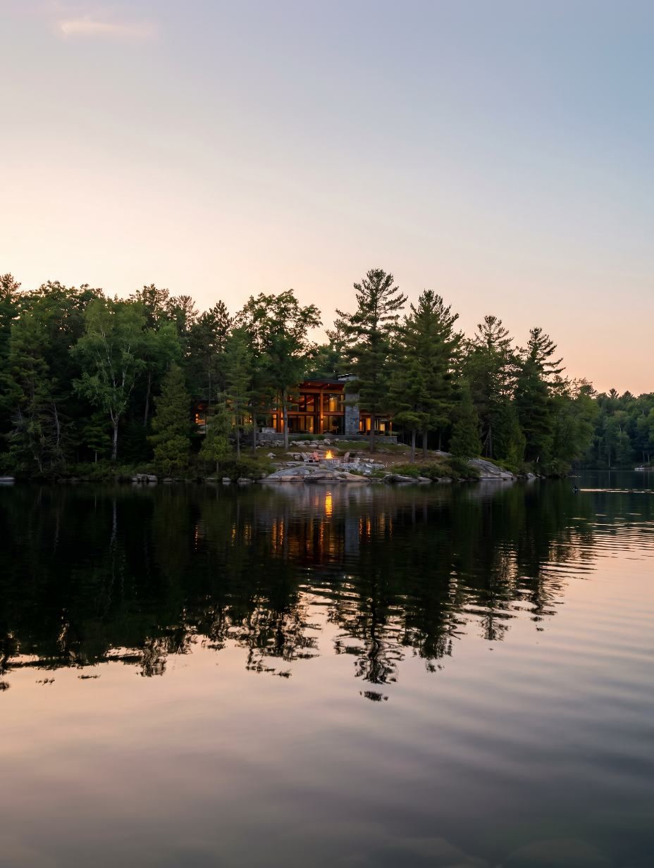 Lakeside house among pines, reflected in still water at sunset