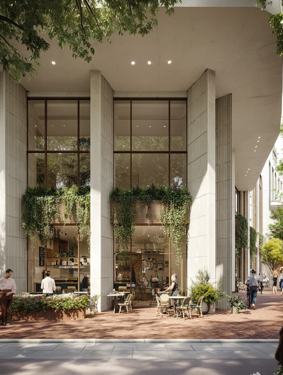 Double-height retail podium with planted columns
