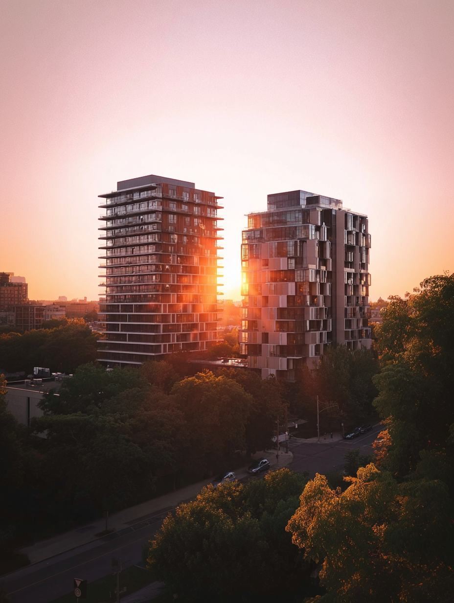 Two towers silhouetted against a pink sunset